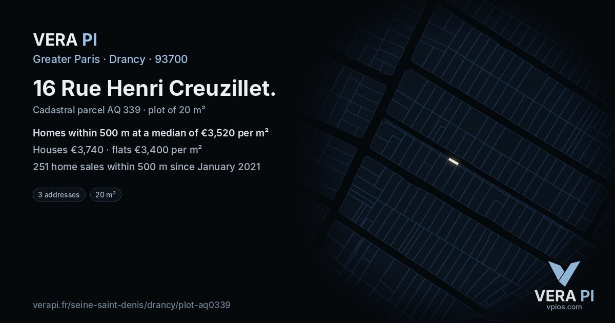 16 Rue Henri Creuzillet, Drancy at night – the plot lit, the parcels around coloured by the prices near them