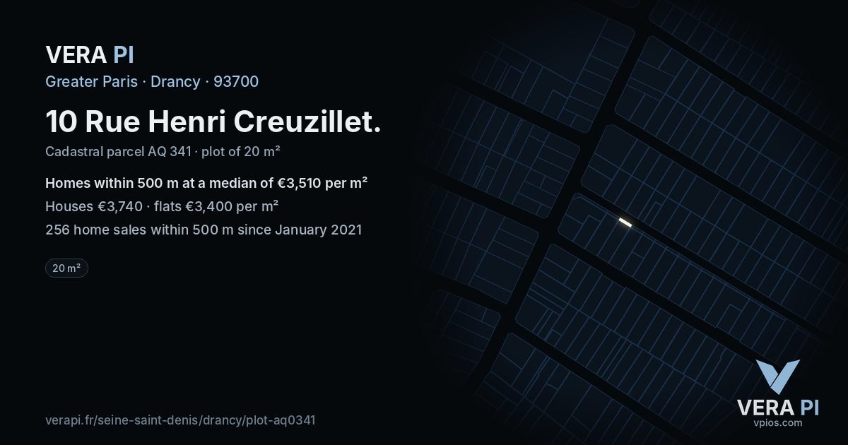 10 Rue Henri Creuzillet, Drancy at night – the plot lit, the parcels around coloured by the prices near them