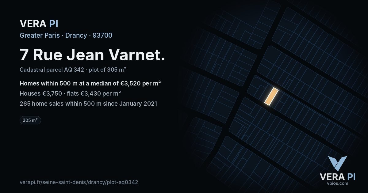 7 Rue Jean Varnet, Drancy at night – the plot lit, the parcels around coloured by the prices near them