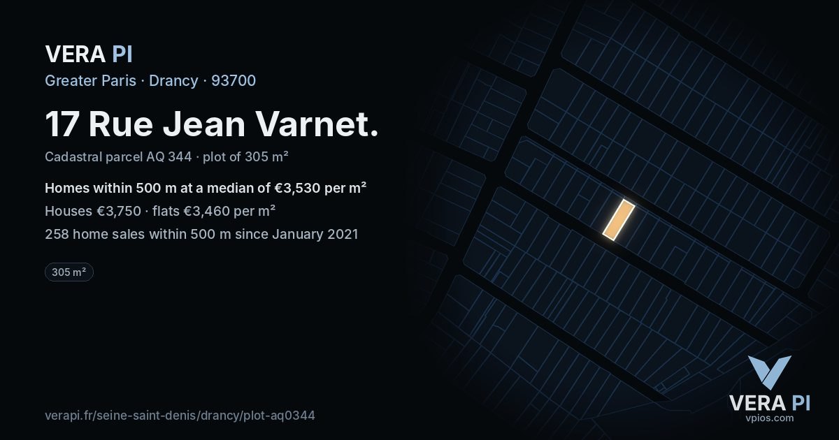 17 Rue Jean Varnet, Drancy at night – the plot lit, the parcels around coloured by the prices near them