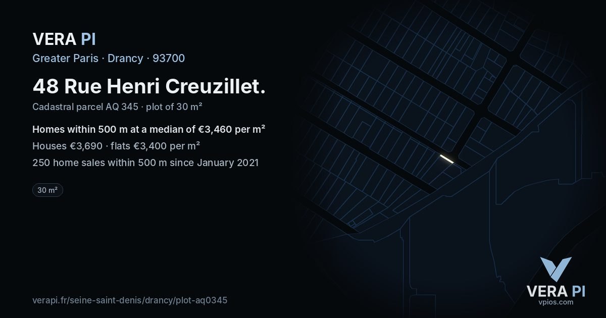 48 Rue Henri Creuzillet, Drancy at night – the plot lit, the parcels around coloured by the prices near them
