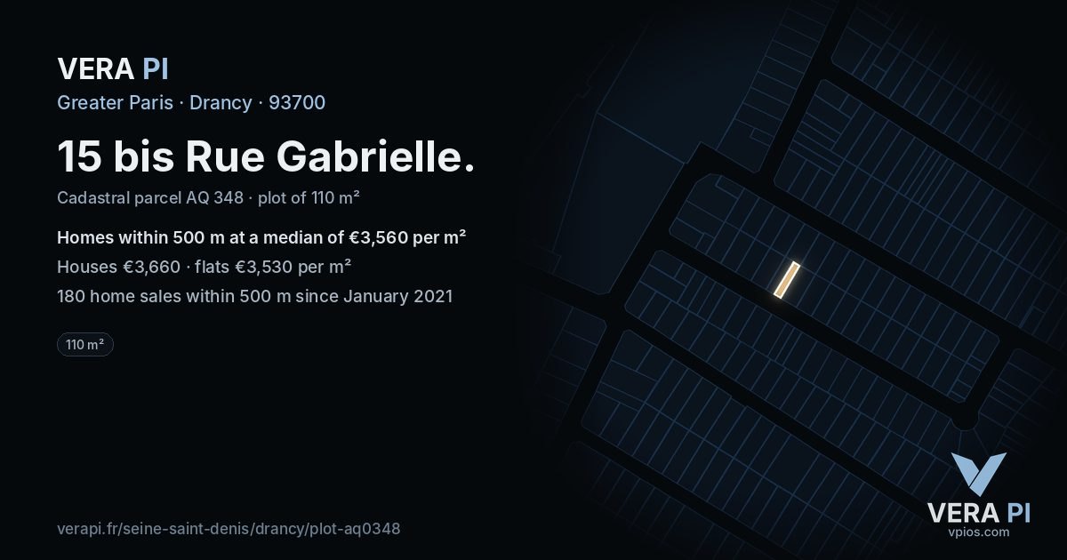 15 bis Rue Gabrielle, Drancy at night – the plot lit, the parcels around coloured by the prices near them