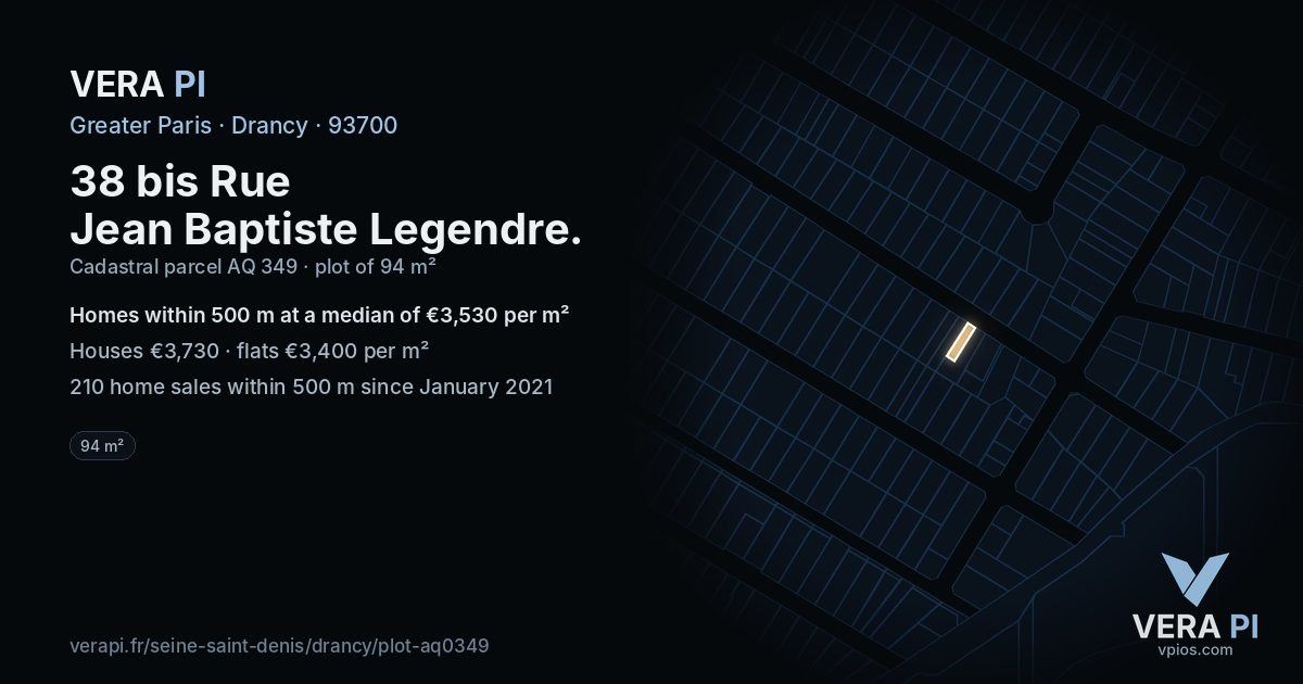 38 bis Rue Jean Baptiste Legendre, Drancy at night – the plot lit, the parcels around coloured by the prices near them
