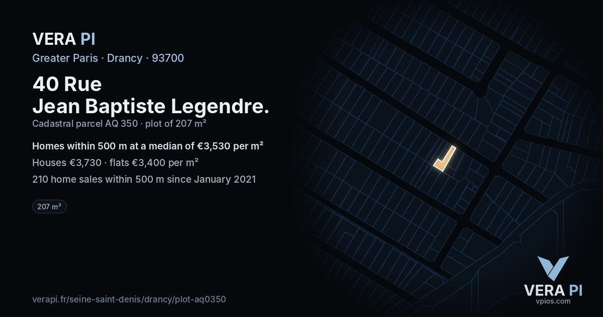 40 Rue Jean Baptiste Legendre, Drancy at night – the plot lit, the parcels around coloured by the prices near them