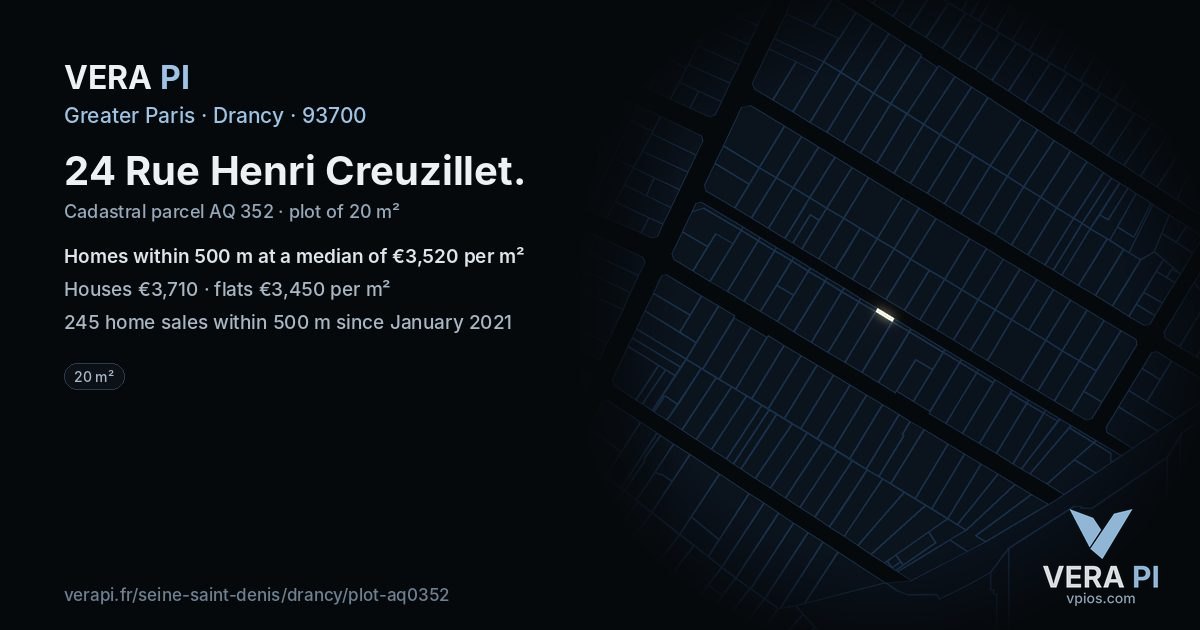 24 Rue Henri Creuzillet, Drancy at night – the plot lit, the parcels around coloured by the prices near them