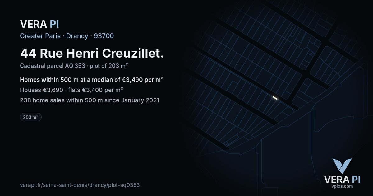 44 Rue Henri Creuzillet, Drancy at night – the plot lit, the parcels around coloured by the prices near them