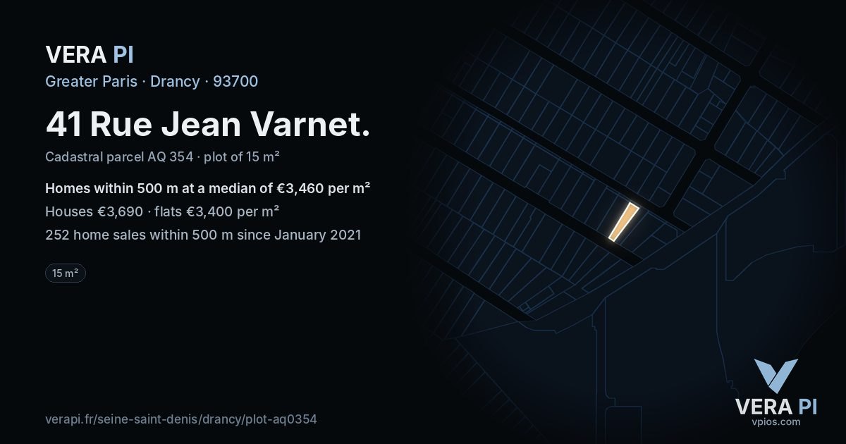 41 Rue Jean Varnet, Drancy at night – the plot lit, the parcels around coloured by the prices near them