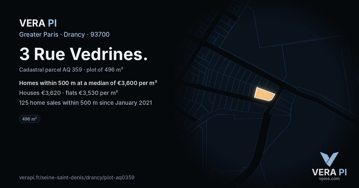 3 Rue Vedrines, Drancy at night – the plot lit, the parcels around coloured by the prices near them