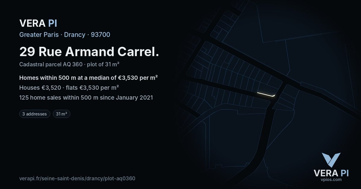 29 Rue Armand Carrel, Drancy at night – the plot lit, the parcels around coloured by the prices near them