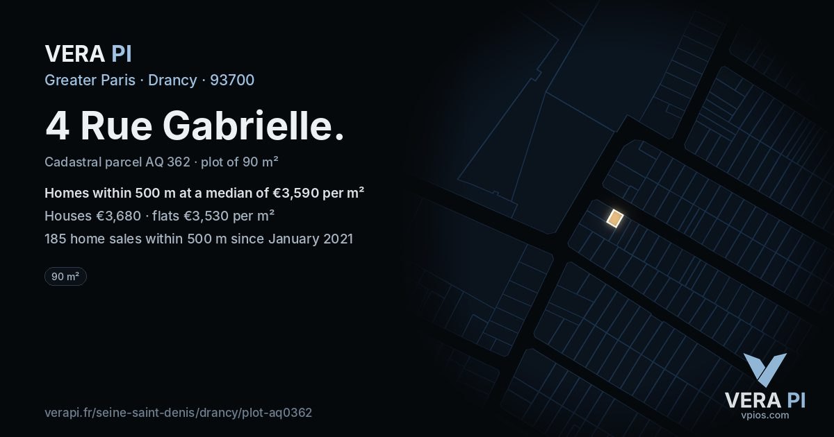 4 Rue Gabrielle, Drancy at night – the plot lit, the parcels around coloured by the prices near them