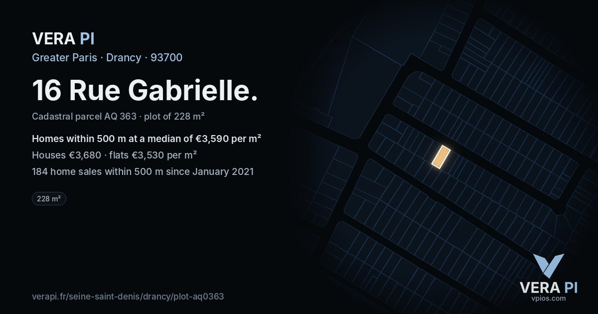 16 Rue Gabrielle, Drancy at night – the plot lit, the parcels around coloured by the prices near them