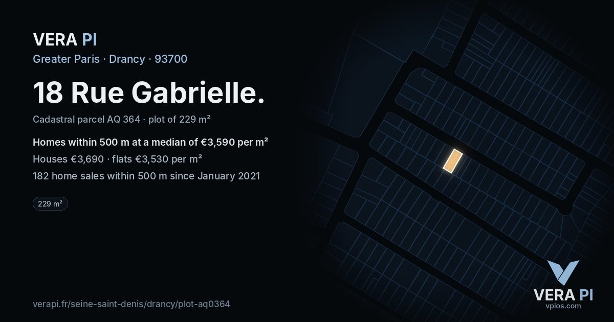 18 Rue Gabrielle, Drancy at night – the plot lit, the parcels around coloured by the prices near them
