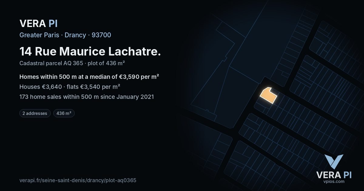 14 Rue Maurice Lachatre, Drancy at night – the plot lit, the parcels around coloured by the prices near them