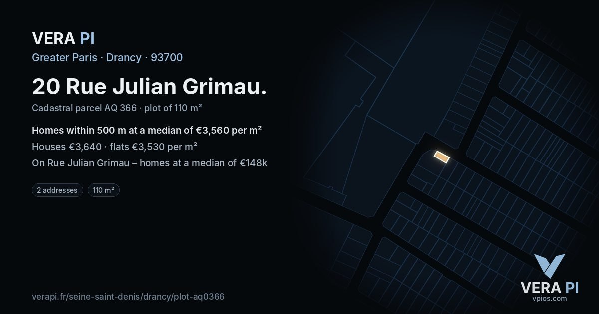 20 Rue Julian Grimau, Drancy at night – the plot lit, the parcels around coloured by the prices near them