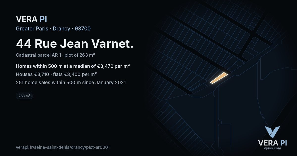 44 Rue Jean Varnet, Drancy at night – the plot lit, the parcels around coloured by the prices near them