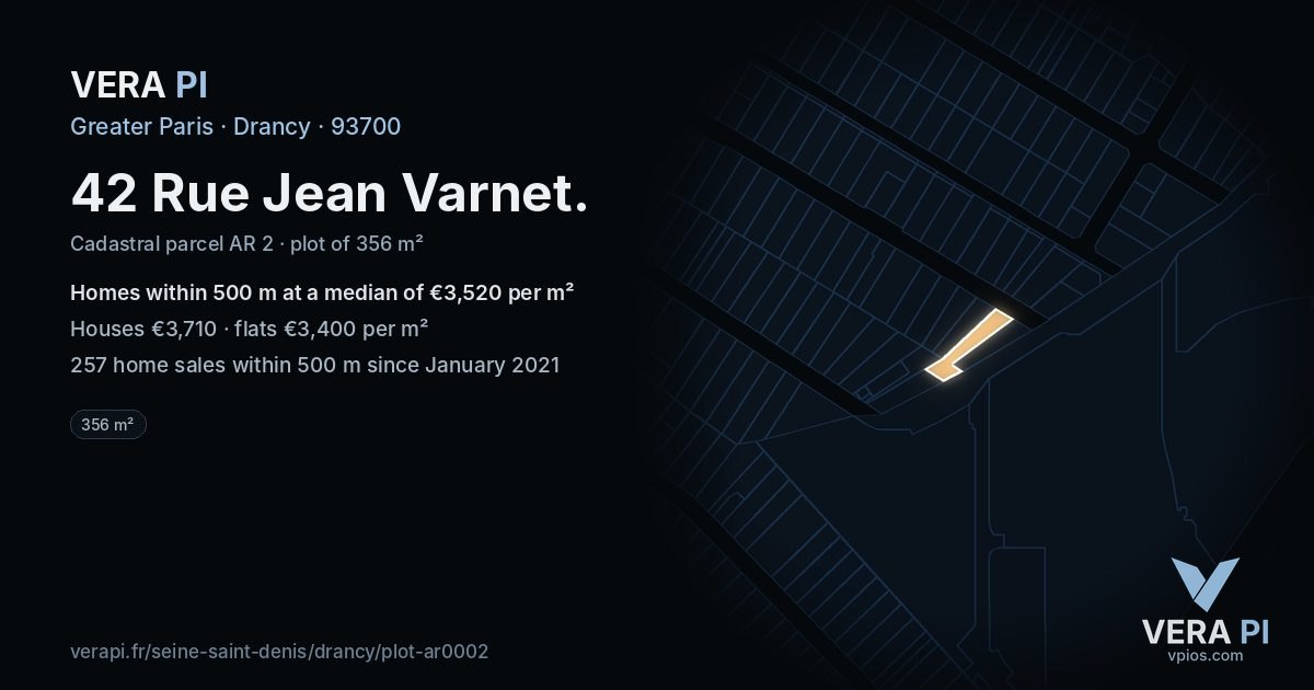 42 Rue Jean Varnet, Drancy at night – the plot lit, the parcels around coloured by the prices near them