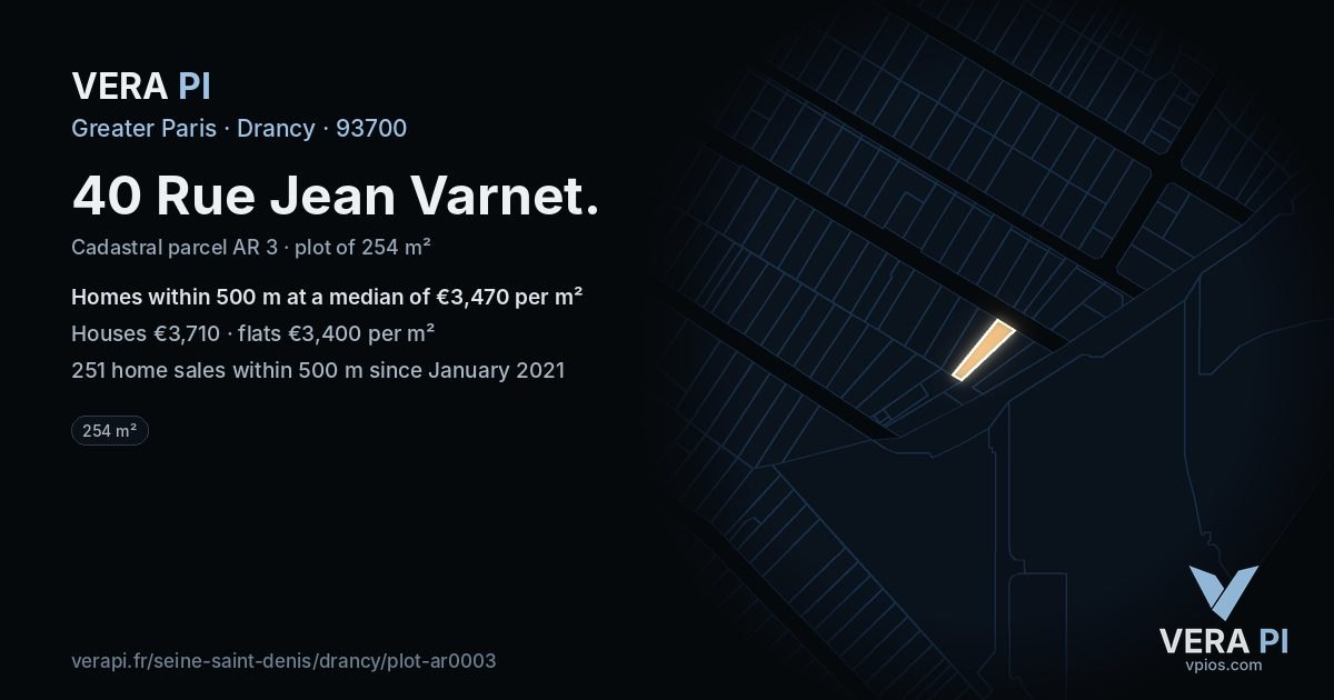 40 Rue Jean Varnet, Drancy at night – the plot lit, the parcels around coloured by the prices near them