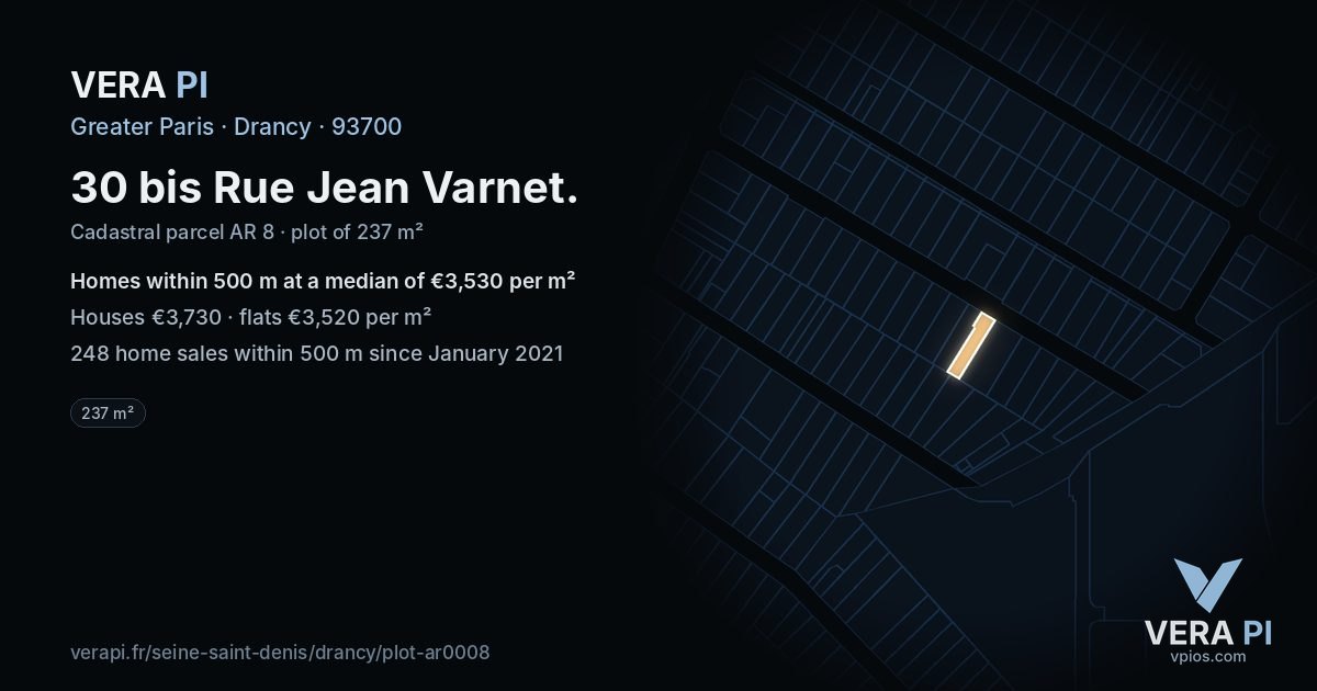 30 bis Rue Jean Varnet, Drancy at night – the plot lit, the parcels around coloured by the prices near them