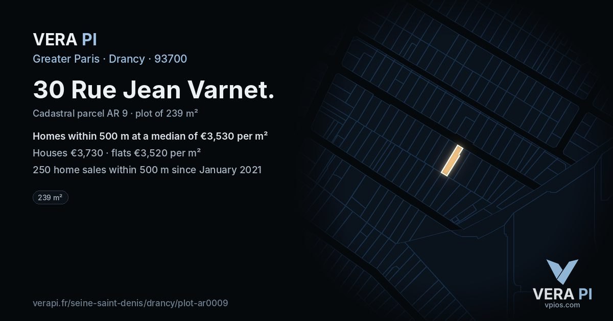 30 Rue Jean Varnet, Drancy at night – the plot lit, the parcels around coloured by the prices near them