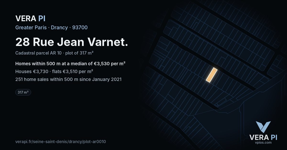 28 Rue Jean Varnet, Drancy at night – the plot lit, the parcels around coloured by the prices near them
