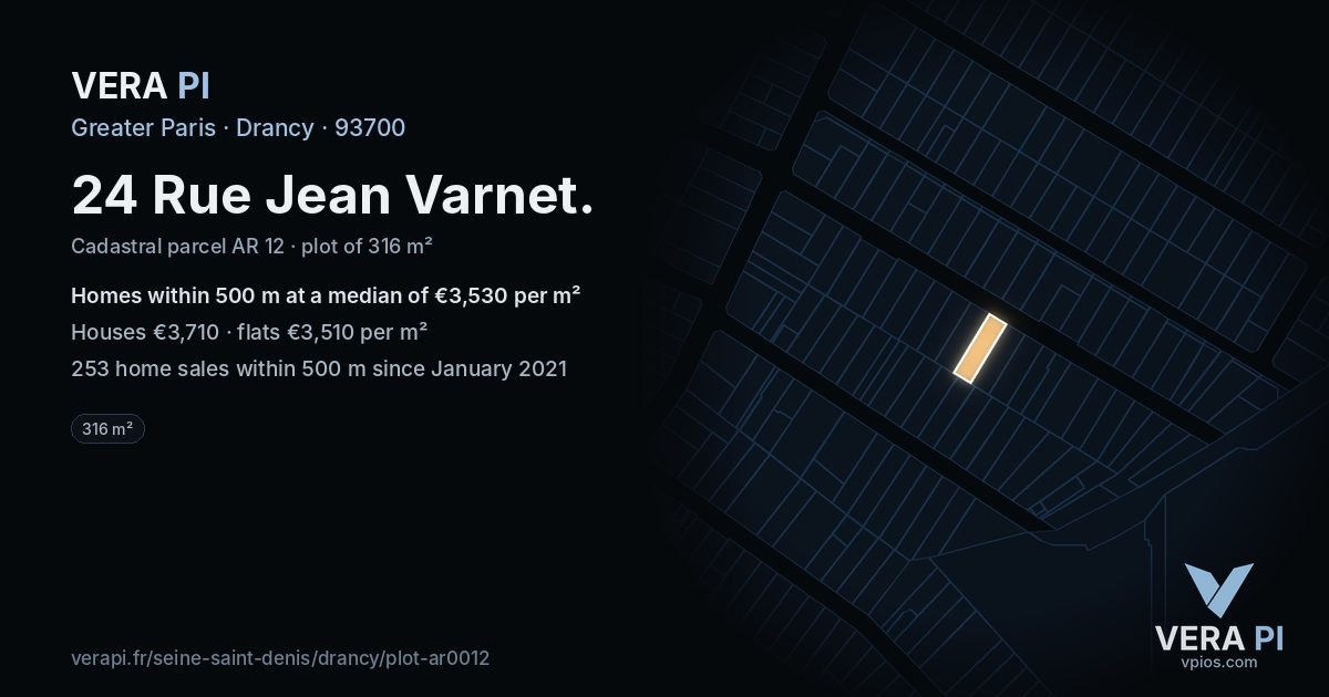 24 Rue Jean Varnet, Drancy at night – the plot lit, the parcels around coloured by the prices near them