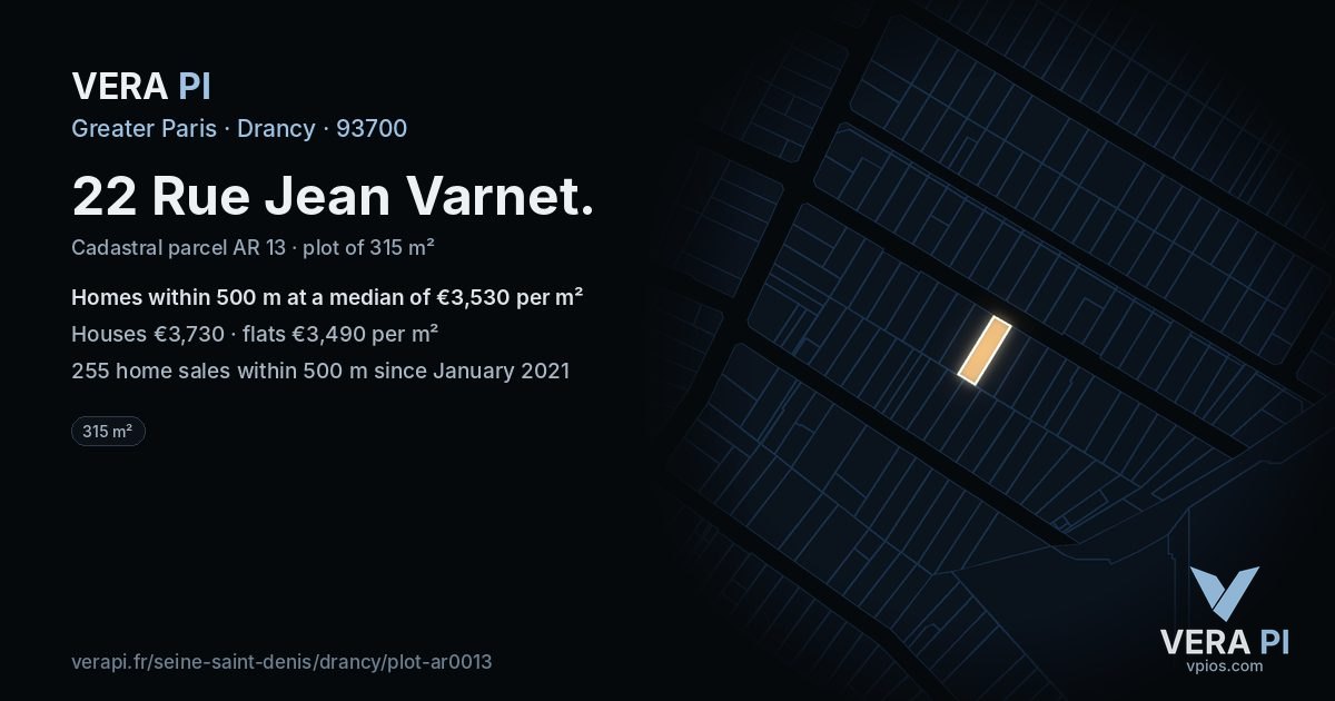 22 Rue Jean Varnet, Drancy at night – the plot lit, the parcels around coloured by the prices near them