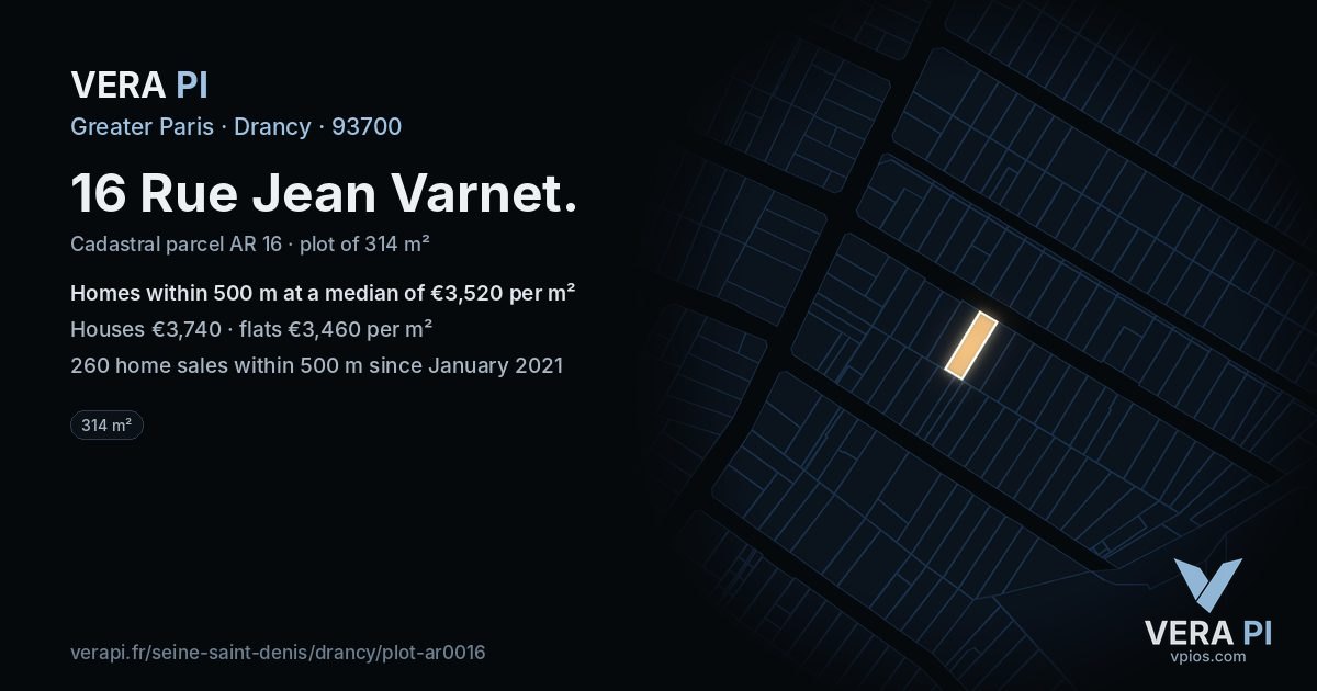 16 Rue Jean Varnet, Drancy at night – the plot lit, the parcels around coloured by the prices near them
