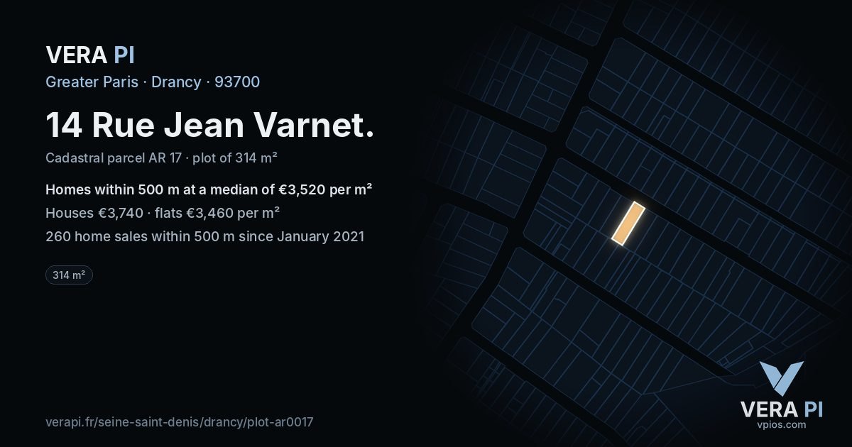 14 Rue Jean Varnet, Drancy at night – the plot lit, the parcels around coloured by the prices near them
