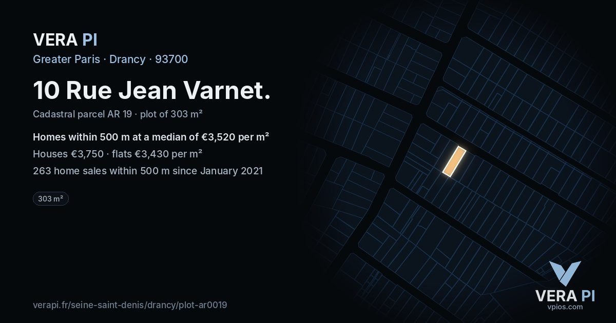 10 Rue Jean Varnet, Drancy at night – the plot lit, the parcels around coloured by the prices near them
