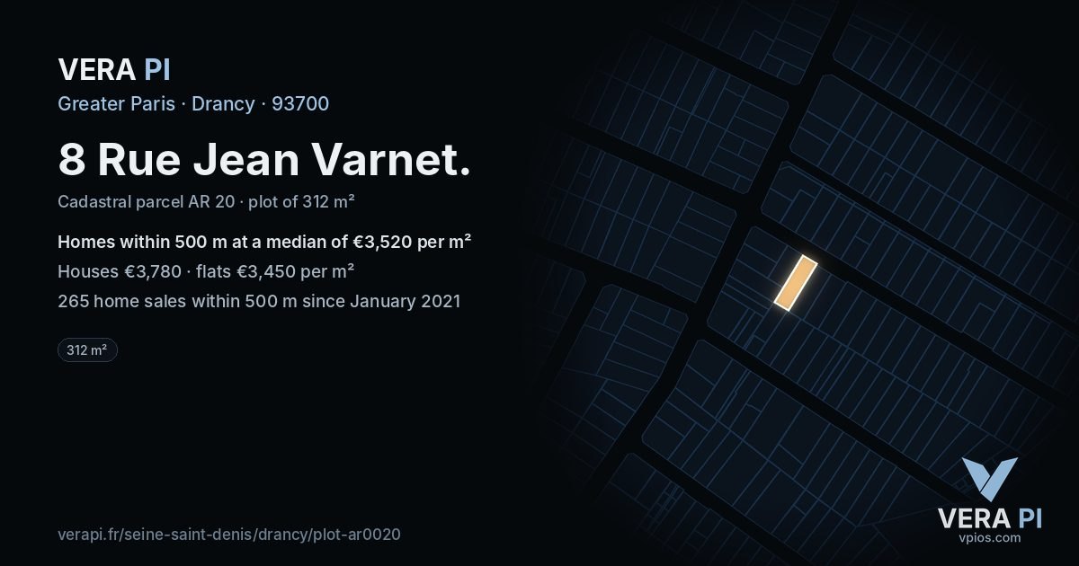 8 Rue Jean Varnet, Drancy at night – the plot lit, the parcels around coloured by the prices near them