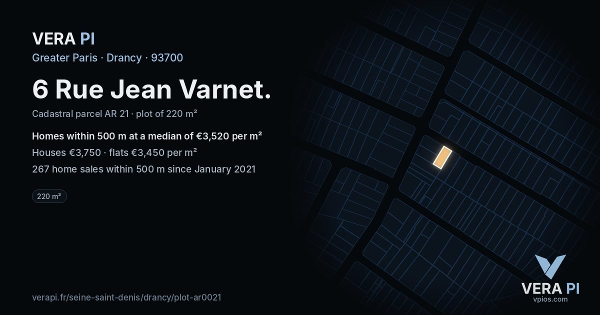 6 Rue Jean Varnet, Drancy at night – the plot lit, the parcels around coloured by the prices near them