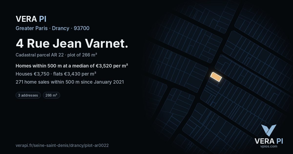 4 Rue Jean Varnet, Drancy at night – the plot lit, the parcels around coloured by the prices near them
