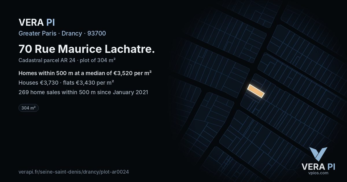 70 Rue Maurice Lachatre, Drancy at night – the plot lit, the parcels around coloured by the prices near them