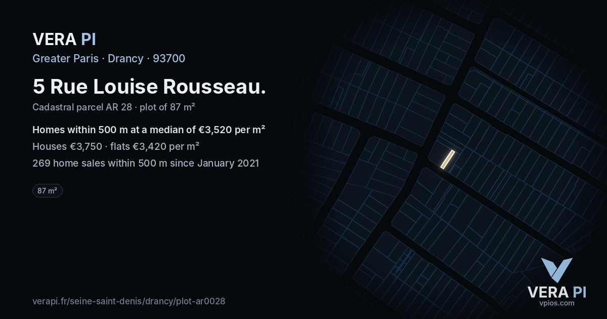 5 Rue Louise Rousseau, Drancy at night – the plot lit, the parcels around coloured by the prices near them