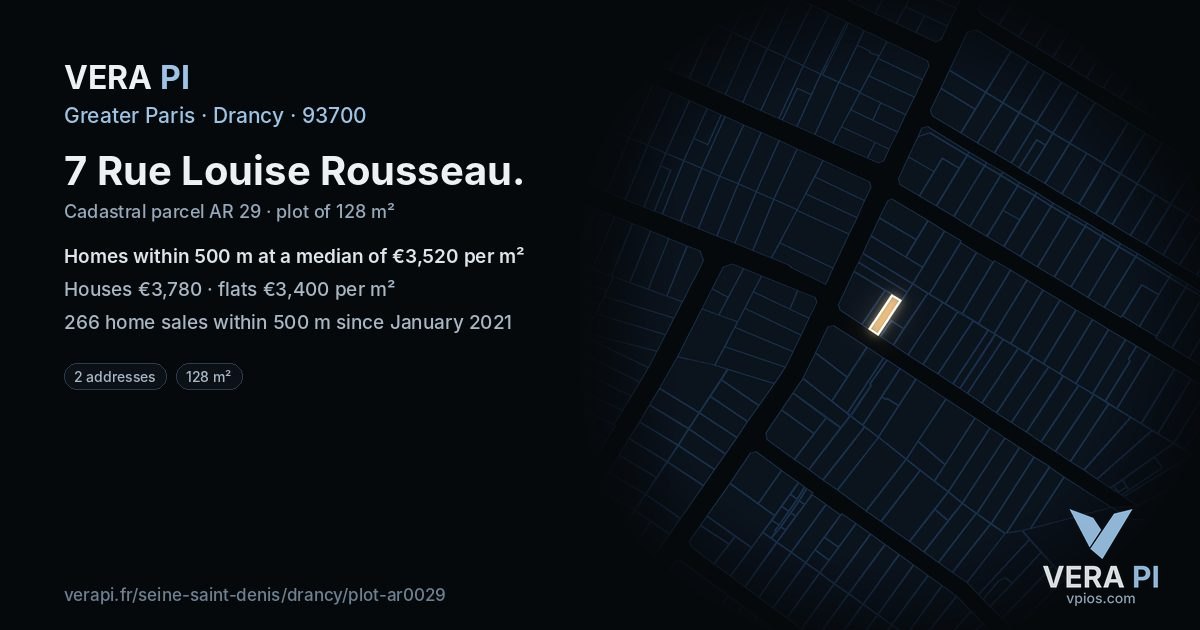 7 Rue Louise Rousseau, Drancy at night – the plot lit, the parcels around coloured by the prices near them