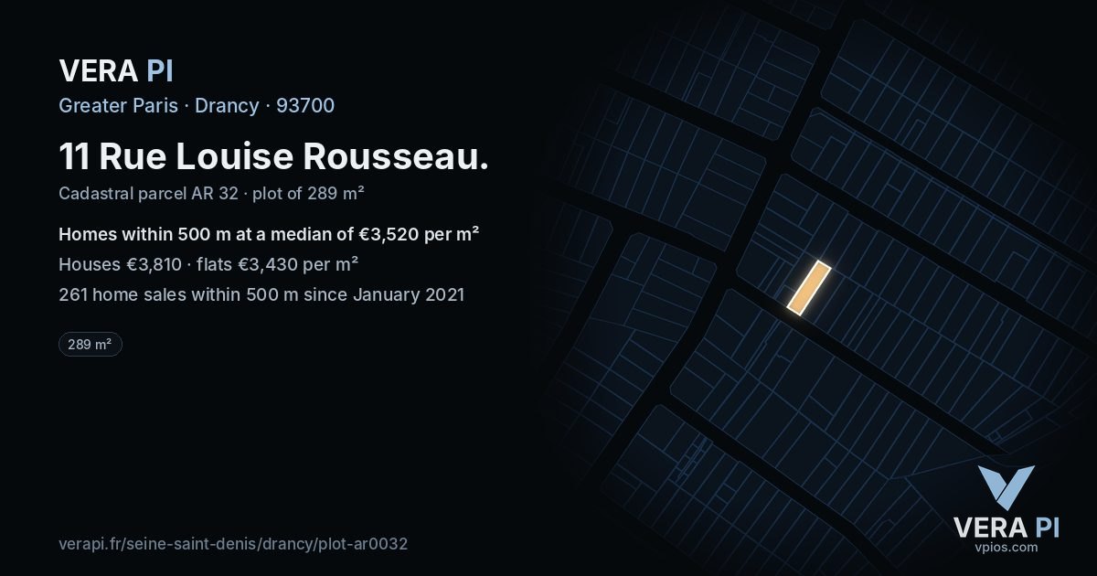 11 Rue Louise Rousseau, Drancy at night – the plot lit, the parcels around coloured by the prices near them