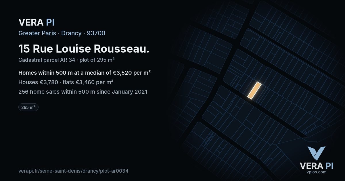15 Rue Louise Rousseau, Drancy at night – the plot lit, the parcels around coloured by the prices near them