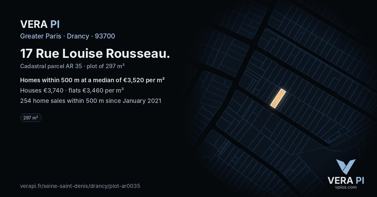 17 Rue Louise Rousseau, Drancy at night – the plot lit, the parcels around coloured by the prices near them