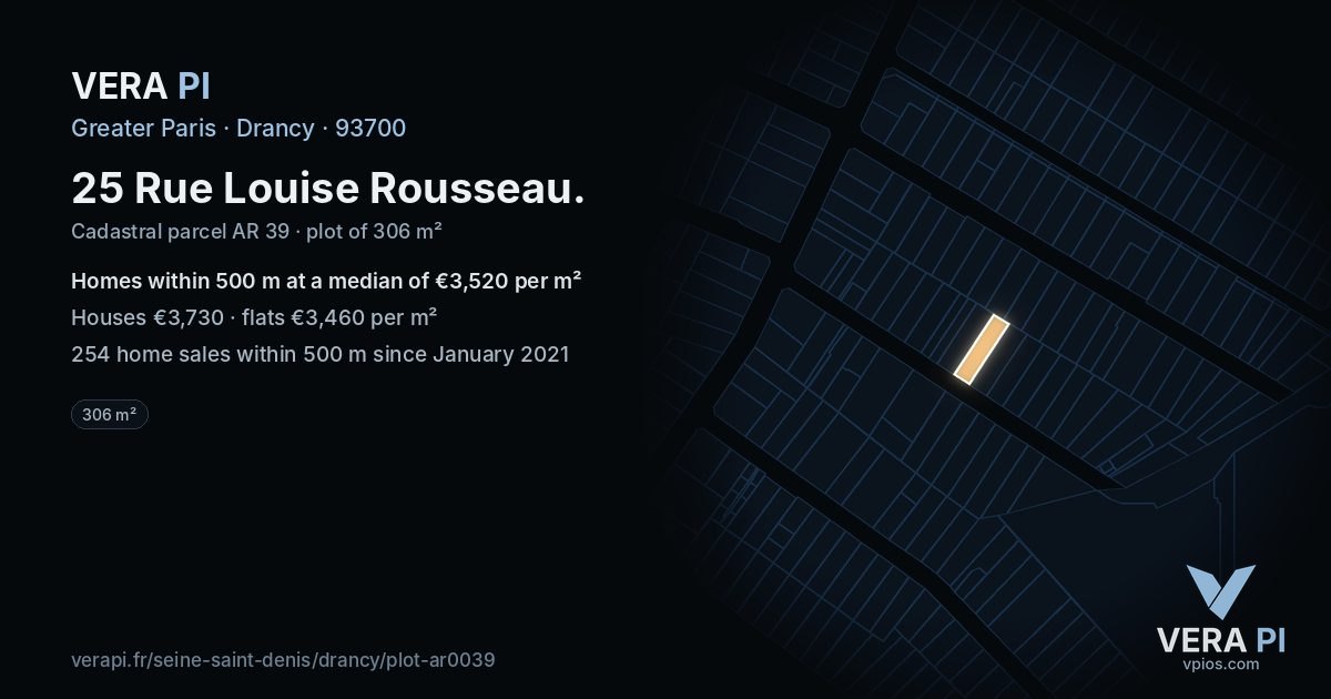 25 Rue Louise Rousseau, Drancy at night – the plot lit, the parcels around coloured by the prices near them
