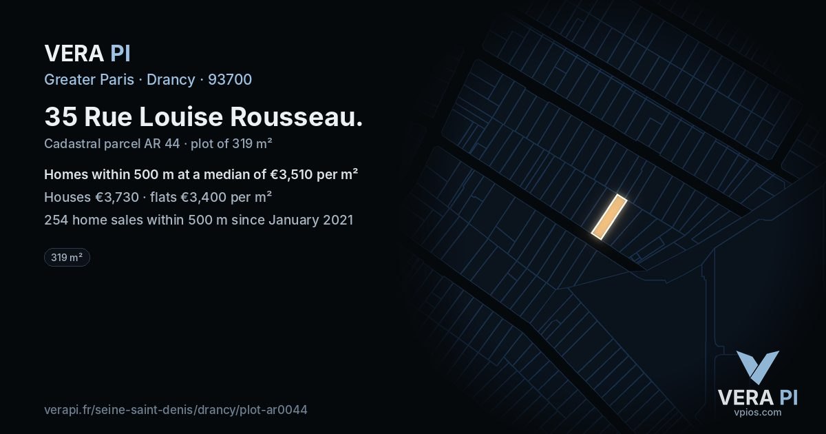 35 Rue Louise Rousseau, Drancy at night – the plot lit, the parcels around coloured by the prices near them