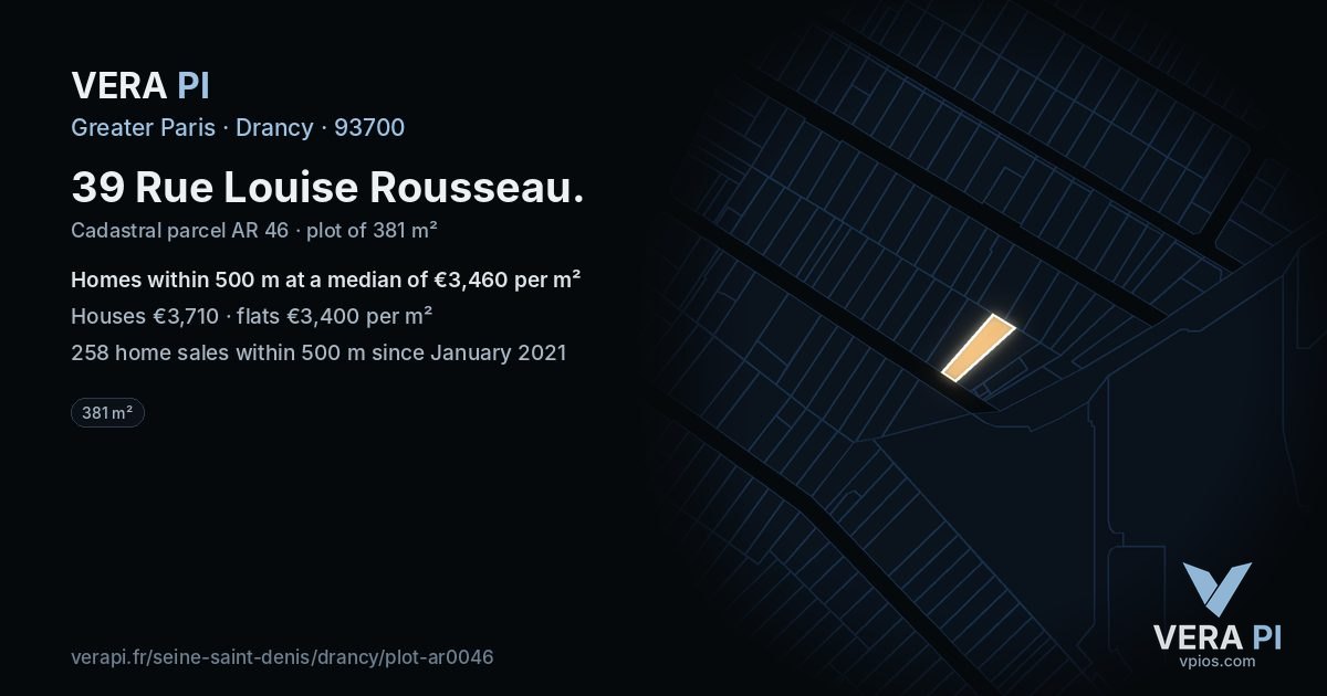 39 Rue Louise Rousseau, Drancy at night – the plot lit, the parcels around coloured by the prices near them