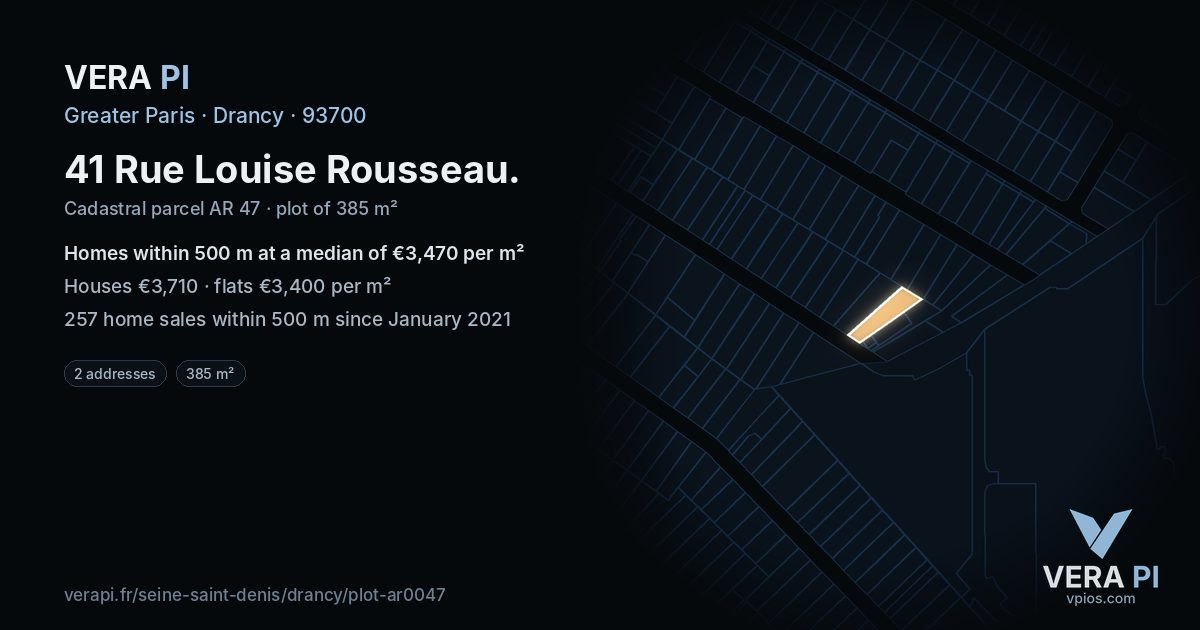 41 Rue Louise Rousseau, Drancy at night – the plot lit, the parcels around coloured by the prices near them