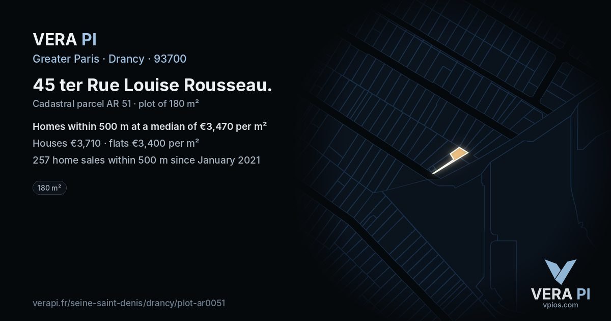 45 ter Rue Louise Rousseau, Drancy at night – the plot lit, the parcels around coloured by the prices near them