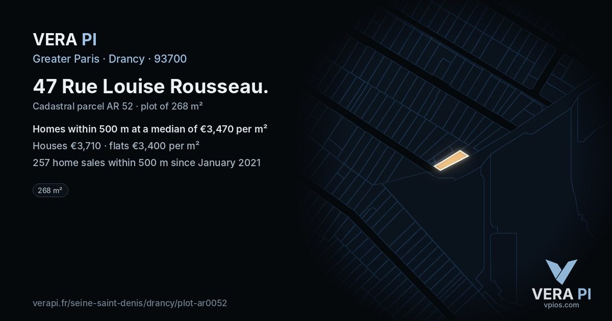 47 Rue Louise Rousseau, Drancy at night – the plot lit, the parcels around coloured by the prices near them