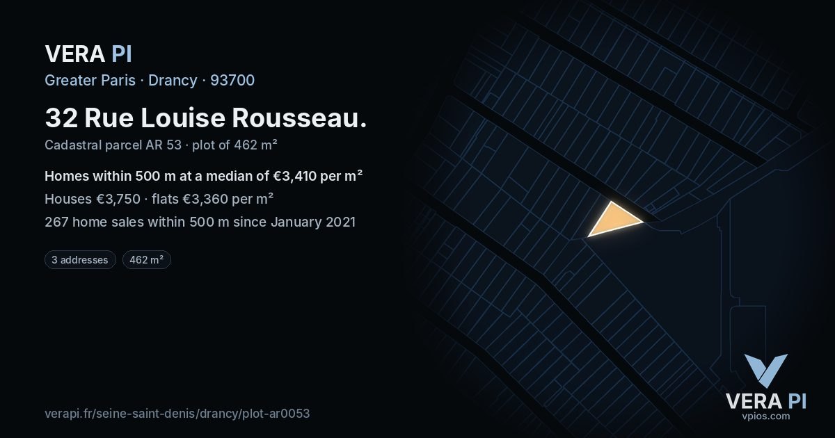 32 Rue Louise Rousseau, Drancy at night – the plot lit, the parcels around coloured by the prices near them