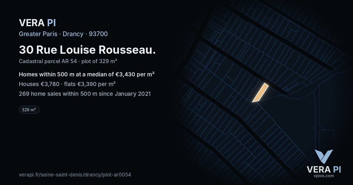 30 Rue Louise Rousseau, Drancy at night – the plot lit, the parcels around coloured by the prices near them