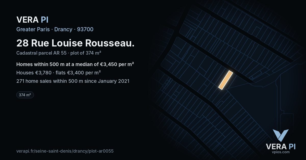 28 Rue Louise Rousseau, Drancy at night – the plot lit, the parcels around coloured by the prices near them