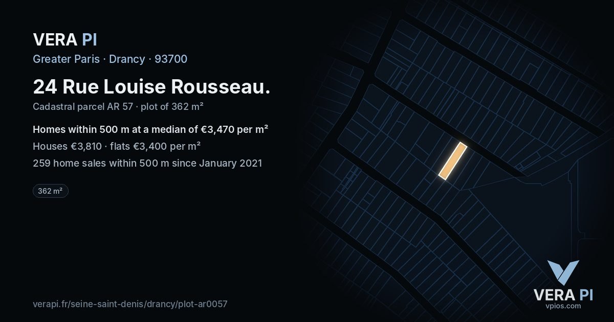 24 Rue Louise Rousseau, Drancy at night – the plot lit, the parcels around coloured by the prices near them