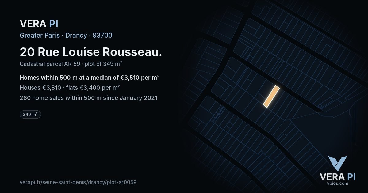 20 Rue Louise Rousseau, Drancy at night – the plot lit, the parcels around coloured by the prices near them