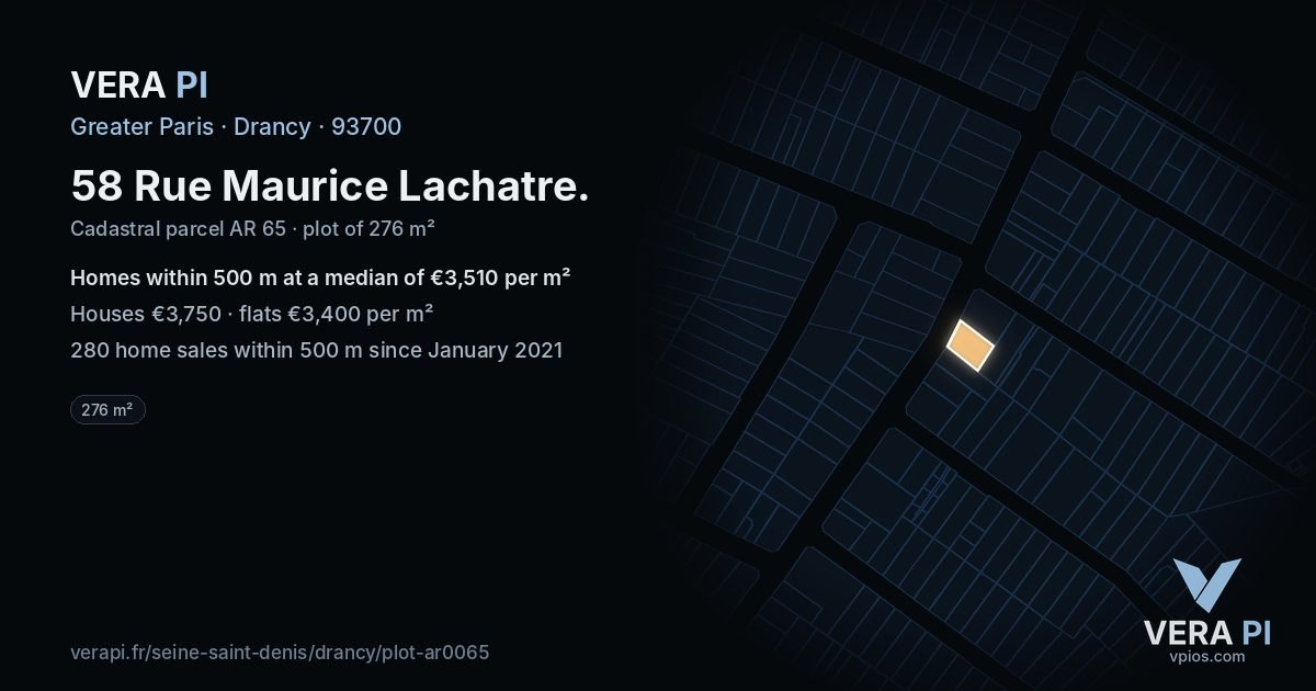 58 Rue Maurice Lachatre, Drancy at night – the plot lit, the parcels around coloured by the prices near them